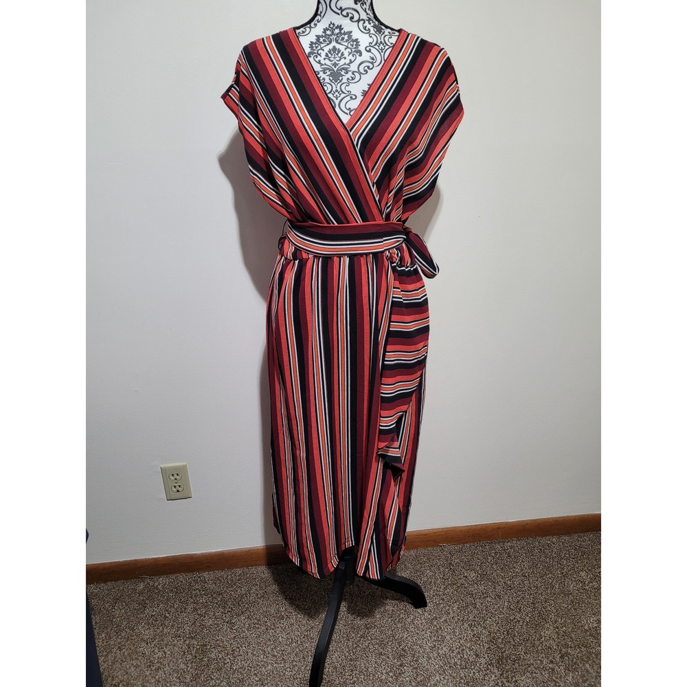 Mlle Gabrielle Faux Wrap Maxi Dress Womens Large Red Orange Striped